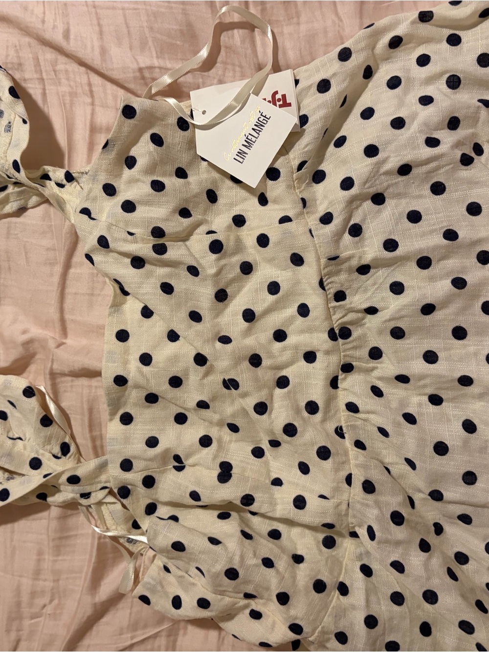 Linen-Blend Polka Dot Tie-Strap Tank Top in Ivory/Navy